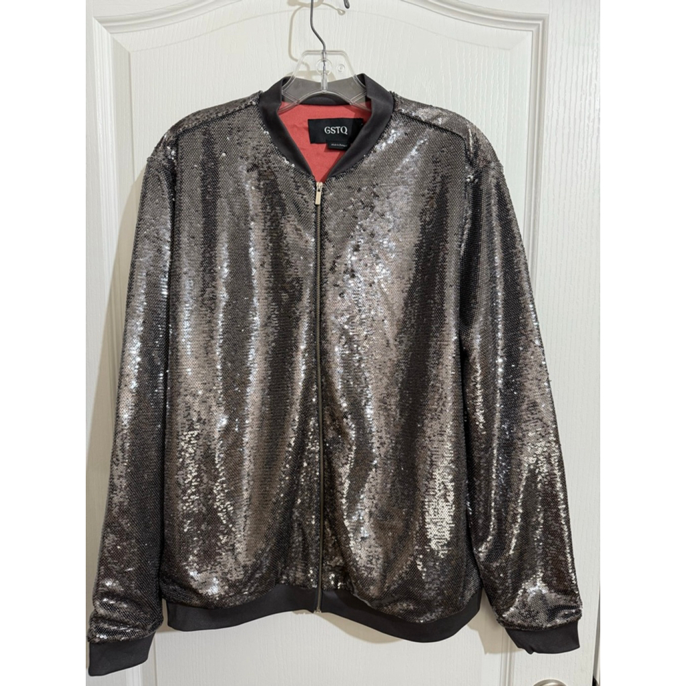 Women's GSTQ Sequin Bomber Jacket L Bronze with Coral Lining